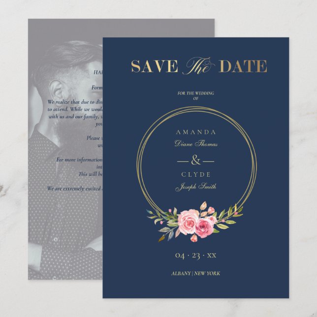Photo Navy Elegant Pink Garland Wreath Wedding Save The Date (Front/Back)