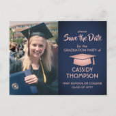 Photo Navy Pink Rose Gold Graduation Save the Date Postcard (Front)