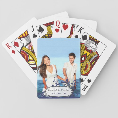 Photo Navy Swirly Vines Wedding Gift Playing Cards