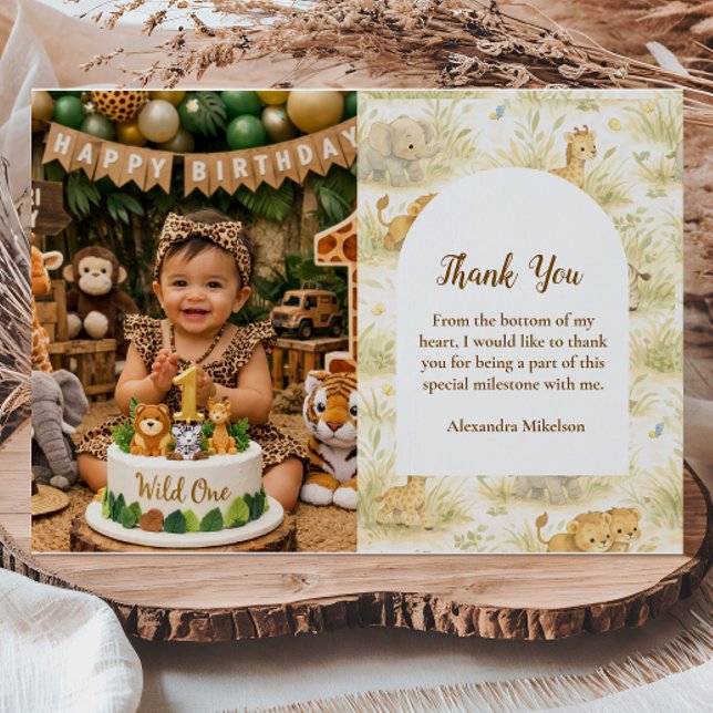 Photo Neutral Safari Wild One Floral First Birthda Thank You Card (Creator Uploaded)