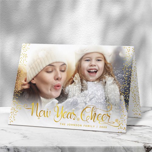 Photo New Year Cheer Modern Script Gold Snowflakes Holiday Card