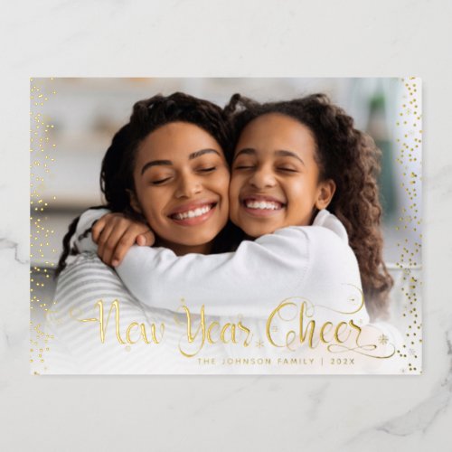 Photo New Year Cheer Script Chic Modern Real Gold Foil Holiday Postcard