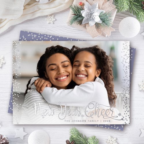 Photo New Year Cheer Script Confetti Real Silver Foil Holiday Card