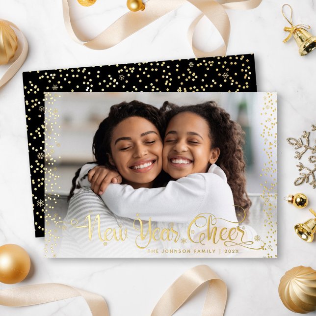 Photo New Year Cheer Script Modern Black Real Gold Foil Holiday Card (Creator Uploaded)