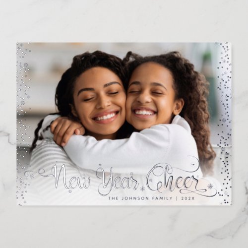 Photo New Year Cheer Script Modern Real Silver Foil Holiday Postcard