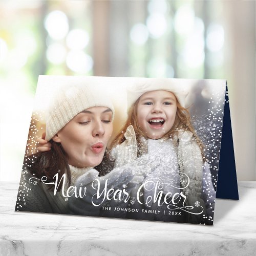 Photo New Year Cheer Script White Snowflakes Navy  Holiday Card