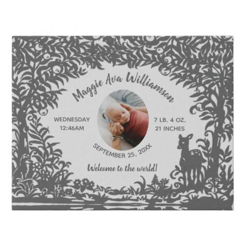 Photo Newborn Baby Stats Commemorative Gray Forest Faux Canvas Print