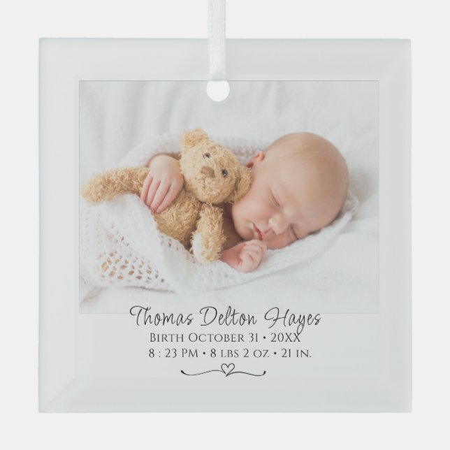 Photo Newborn Stats Personalized Glass Ornament (Front)