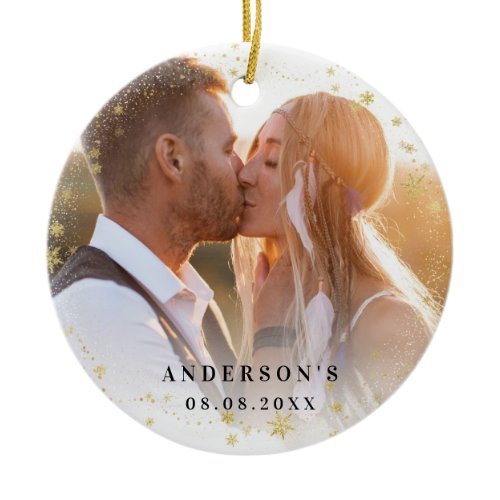 Photo newly weds gold snow christmas ceramic ornament