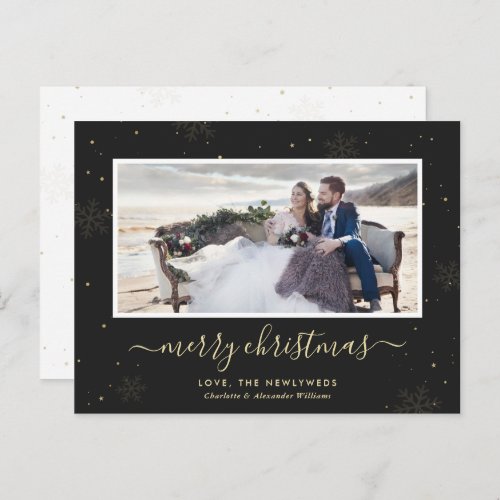 Photo Newlyweds Black Gold Snowflakes Script Holiday Postcard
