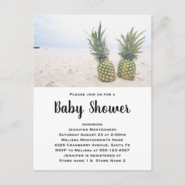 Photo of 2 Pineapples on a Beach Baby Shower Invitation Postcard (Front)