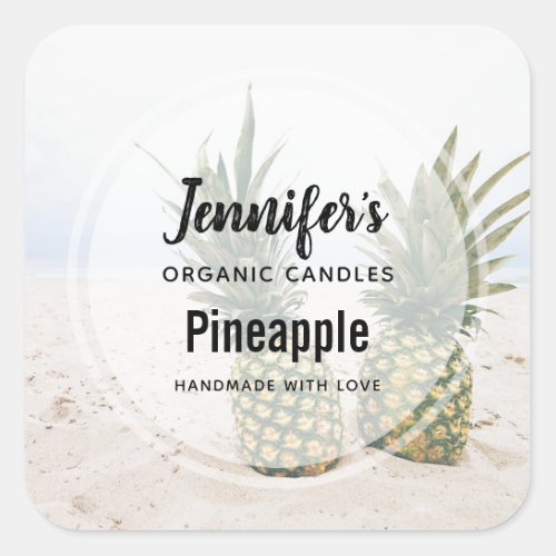 Photo of 2 Pineapples on a Beach Candle Business Square Sticker