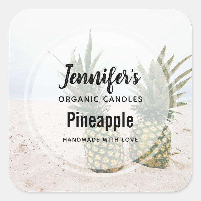 Photo of 2 Pineapples on a Beach Candle Business Square Sticker (Front)
