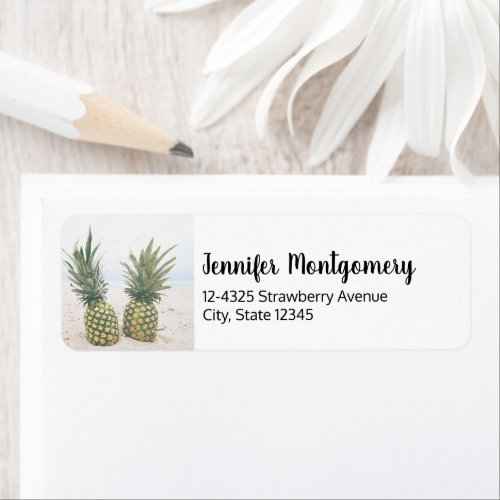 Photo of 2 Pineapples on a Beach Label