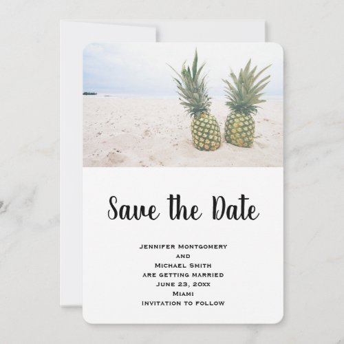 Photo of 2 Pineapples on a Beach Save The Date