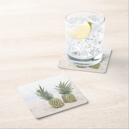Photo of 2 Pineapples on a Beach Square Paper Coaster