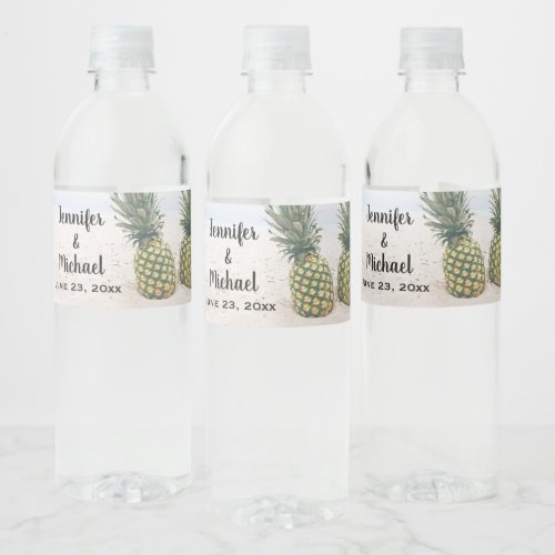 Photo of 2 Pineapples on a Beach Wedding Water Bottle Label