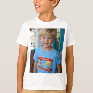 photo of a 6-year-old boy, blonde, brat, obnoxious T-Shirt