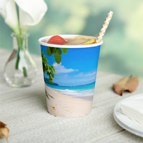 Photo of a Beautiful Sunny Tropical Beach Paper Cups