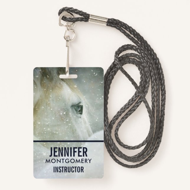 Photo of a Beautiful White Horse in Winter Badge (Front with Lanyard)
