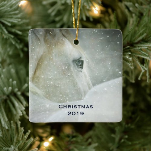 Photo of a Beautiful White Horse in Winter Ceramic Ornament