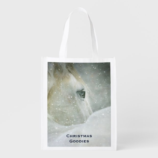 Photo of a Beautiful White Horse in Winter Grocery Bag (Front)