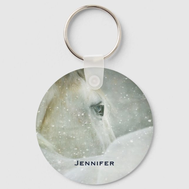 Photo of a Beautiful White Horse in Winter Keychain (Front)