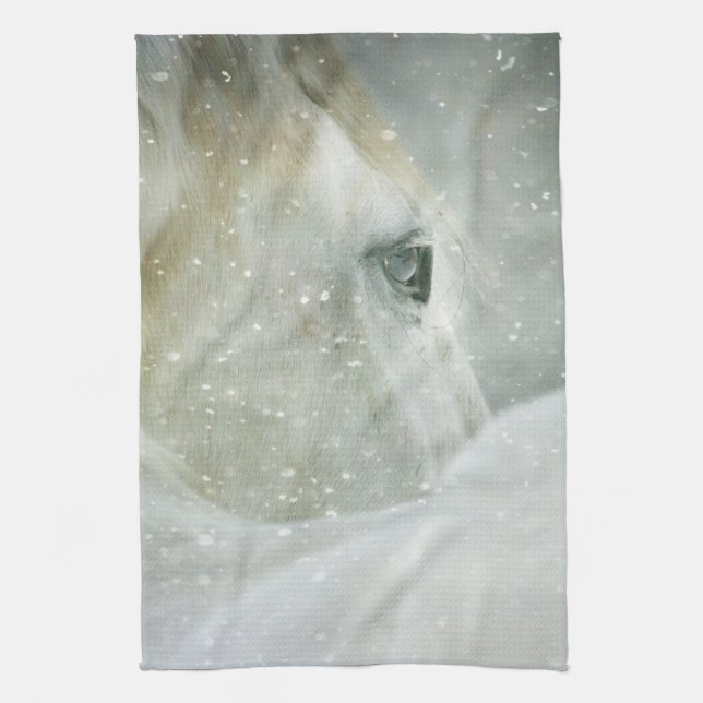 Photo of a Beautiful White Horse in Winter Kitchen Towel (Vertical)