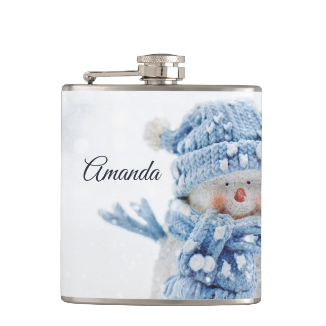 Photo of a Cute Snowman in Winter - Christmas Flask (Front)