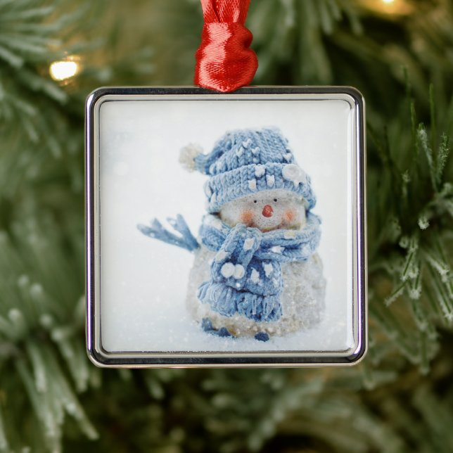 Photo of a Cute Snowman in Winter - Christmas Metal Ornament (Tree)