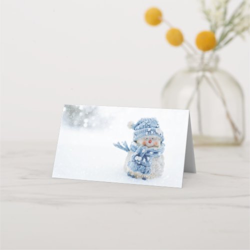 Photo of a Cute Snowman in Winter _ Christmas Place Card