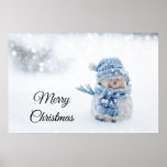 Photo of a Cute Snowman in Winter - Christmas Poster<br><div class="desc">Poster with a cute photograph of a little snowman. Standing outside in the winter with snow falling all around. This cute little guy is dressed up in blue knitted hat and scarf.</div>