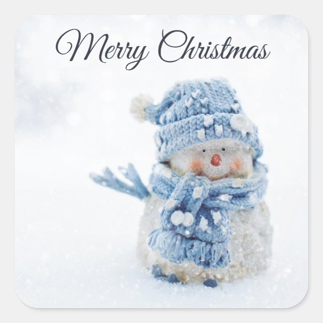Photo of a Cute Snowman in Winter - Christmas Square Sticker (Front)