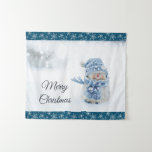 Photo of a Cute Snowman in Winter - Christmas Tapestry<br><div class="desc">Tapestry with a cute photograph of a little snowman. Standing outside in the winter with snow falling all around. This cute little guy is dressed up in blue knitted hat and scarf.</div>
