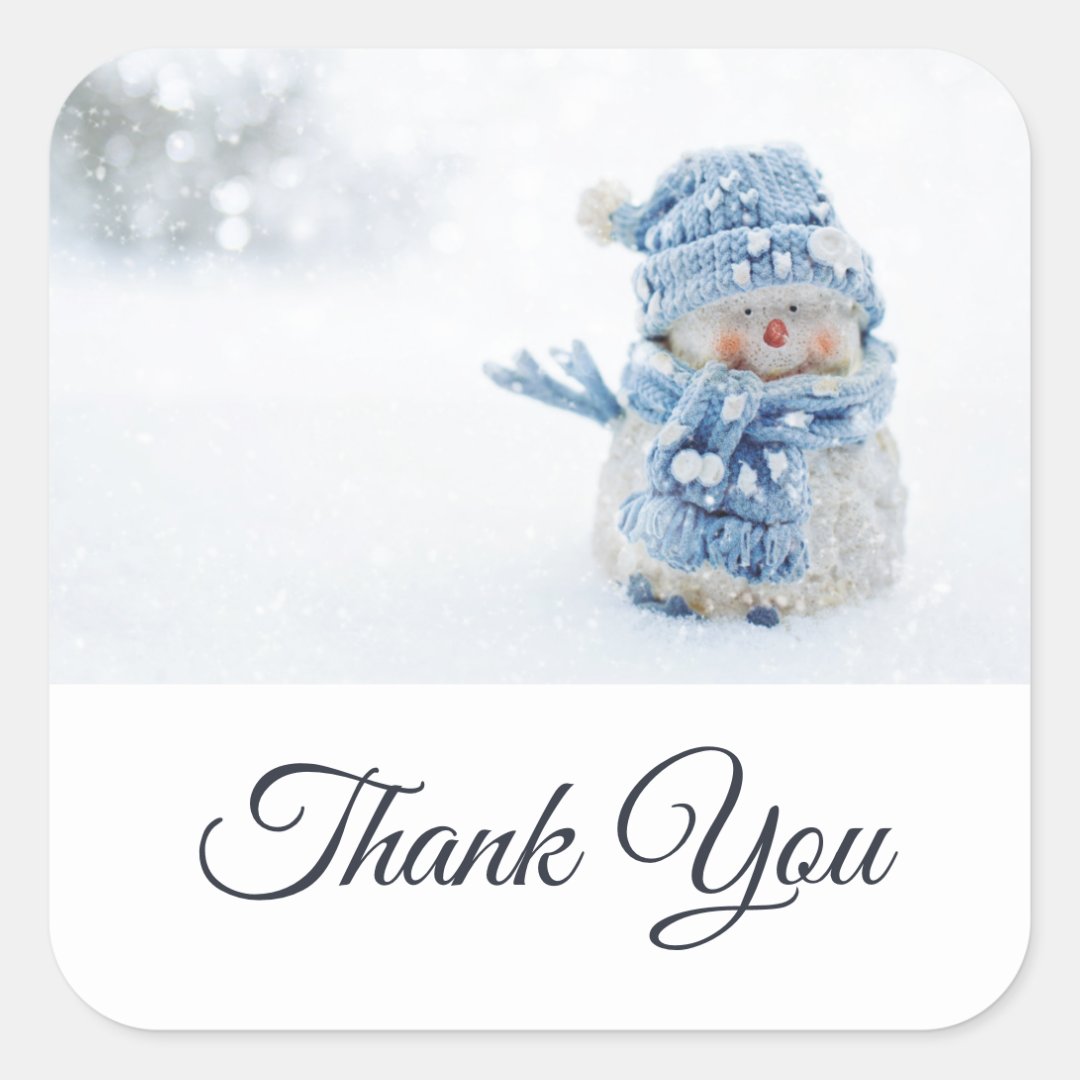 Photo of a Cute Snowman in Winter Thank You Square Sticker | Zazzle