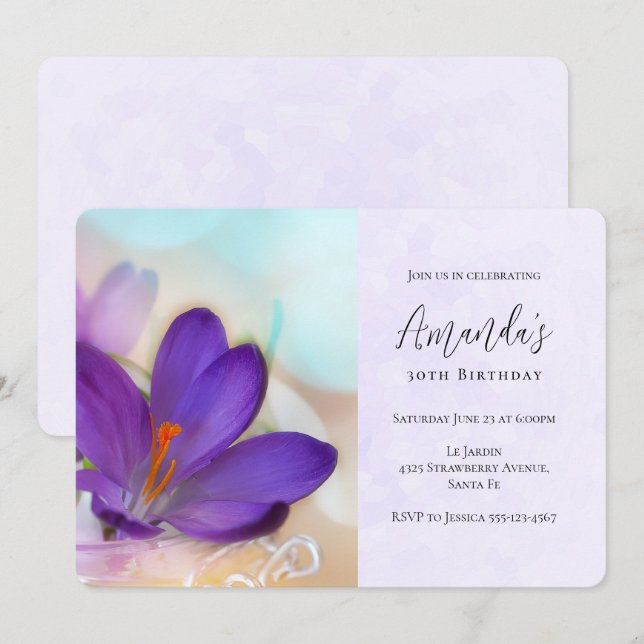 Photo of a Pretty Purple Spring Crocus Birthday Invitation (Front/Back)