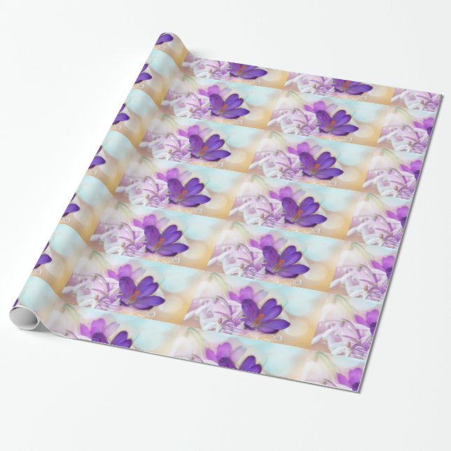 Photo of a Pretty Purple Spring Crocus Patterned Wrapping Paper (Unrolled)