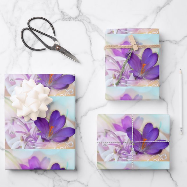 Photo of a Pretty Purple Spring Crocus Patterned Wrapping Paper Sheets (Front)