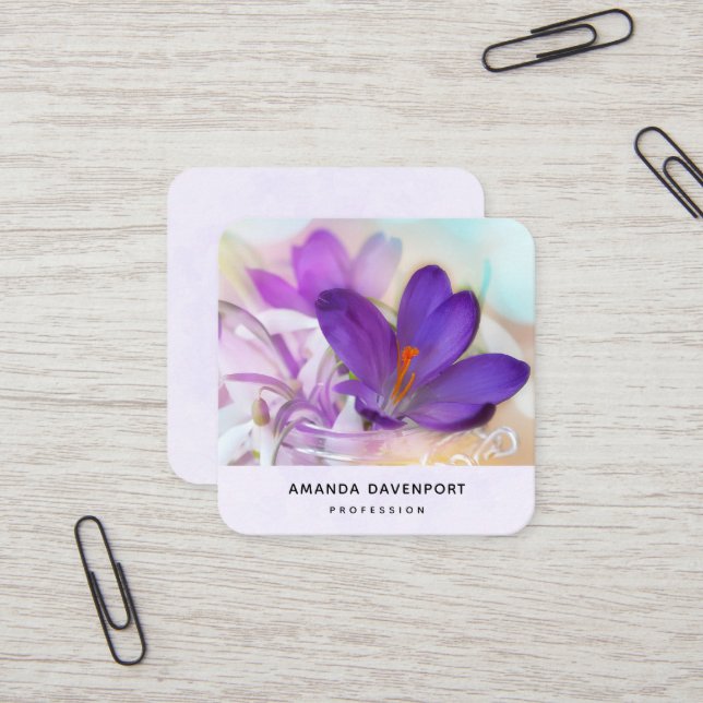 Photo of a Pretty Purple Spring Crocus Square Business Card (Front/Back In Situ)