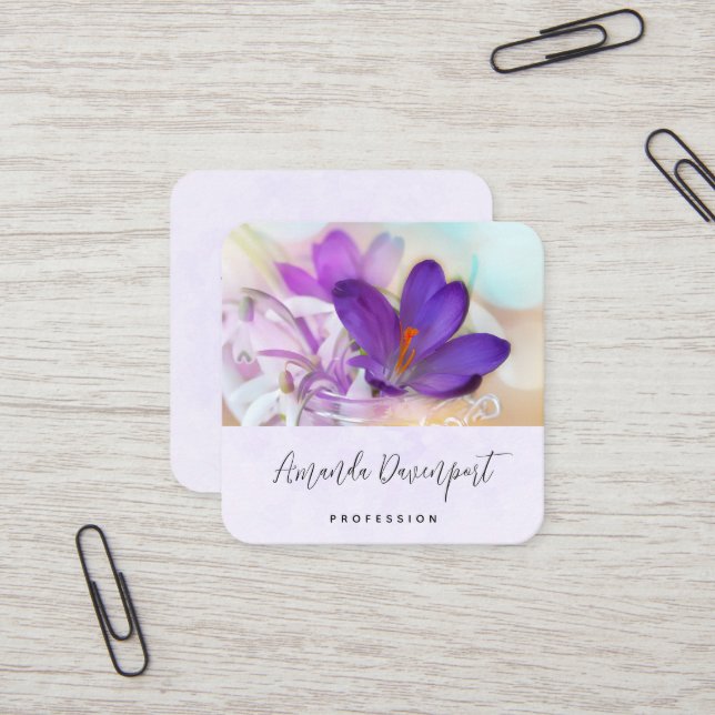 Photo of a Pretty Purple Spring Crocus Square Business Card (Front/Back In Situ)