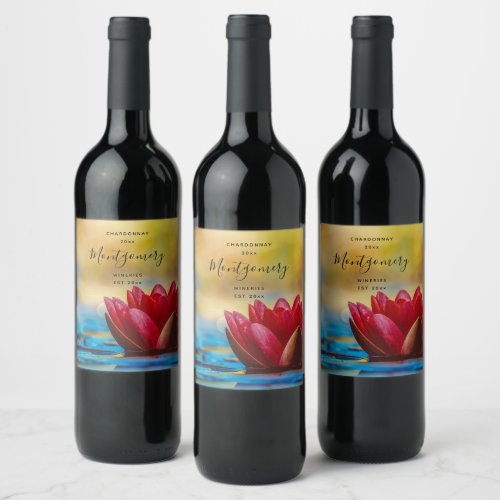 Photo of a Red Lotus Flower in a Pond Wine Making Wine Label