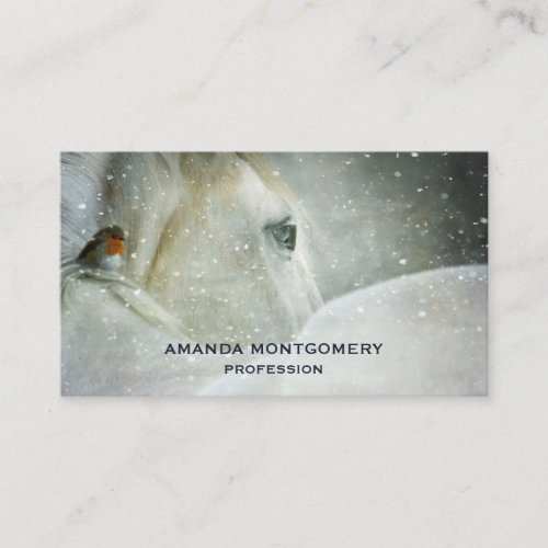 Photo of a White Horse and Bird in Winter Business Card