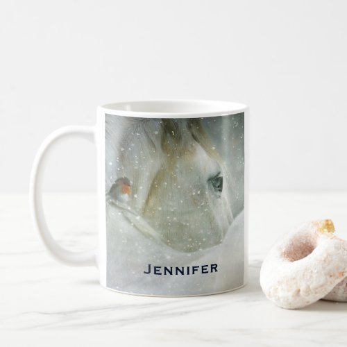 Photo of a White Horse and Bird in Winter Coffee Mug