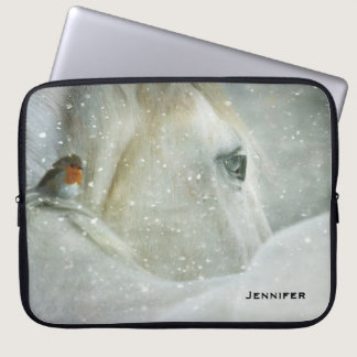 Photo of a White Horse and Bird in Winter Laptop Sleeve