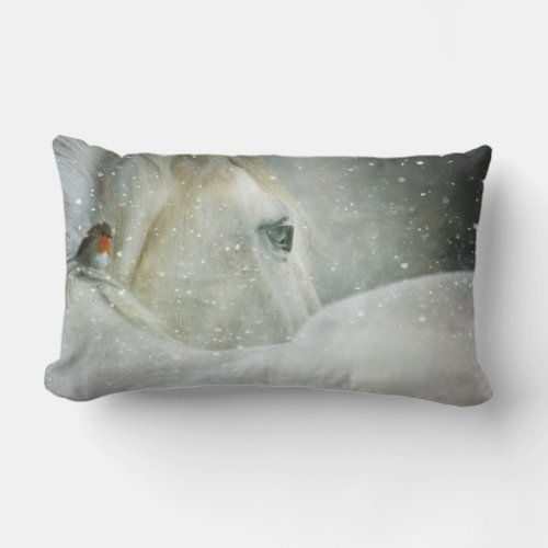 Photo of a White Horse and Bird in Winter Lumbar Pillow