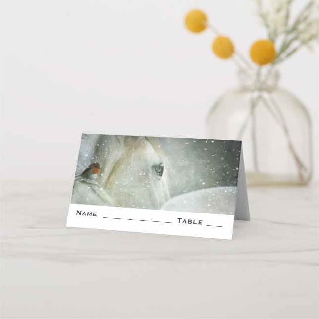 Photo of a White Horse and Bird in Winter Place Card (Front)