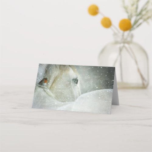 Photo of a White Horse and Bird in Winter Place Card