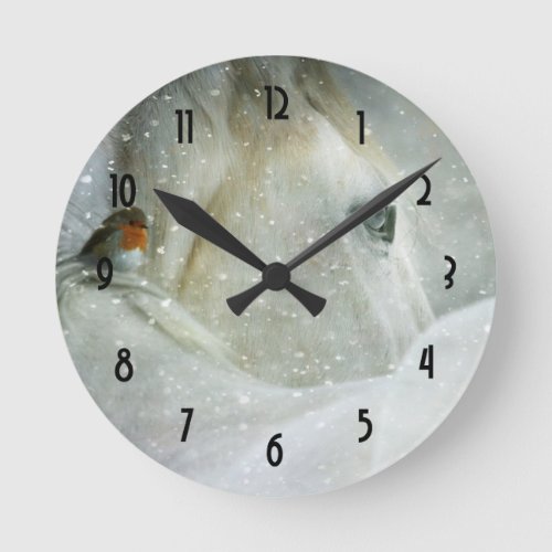 Photo of a White Horse and Bird in Winter Round Clock