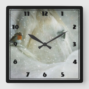 Photo of a White Horse and Bird in Winter Square Wall Clock