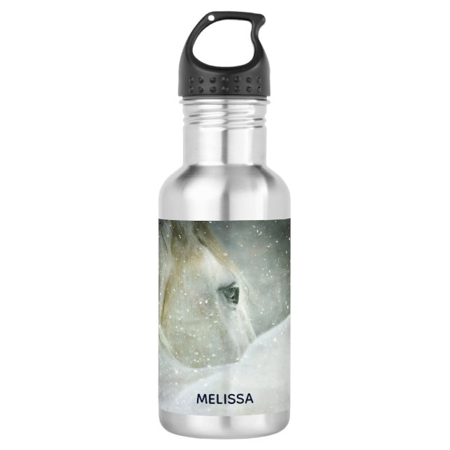 Photo of a White Horse and Bird in Winter Stainless Steel Water Bottle (Front)